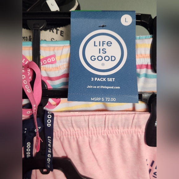 Life is Good Blueish Purple T-Shirt and Pink Shorts And Stripped Pants Set - Picture 2 of 4